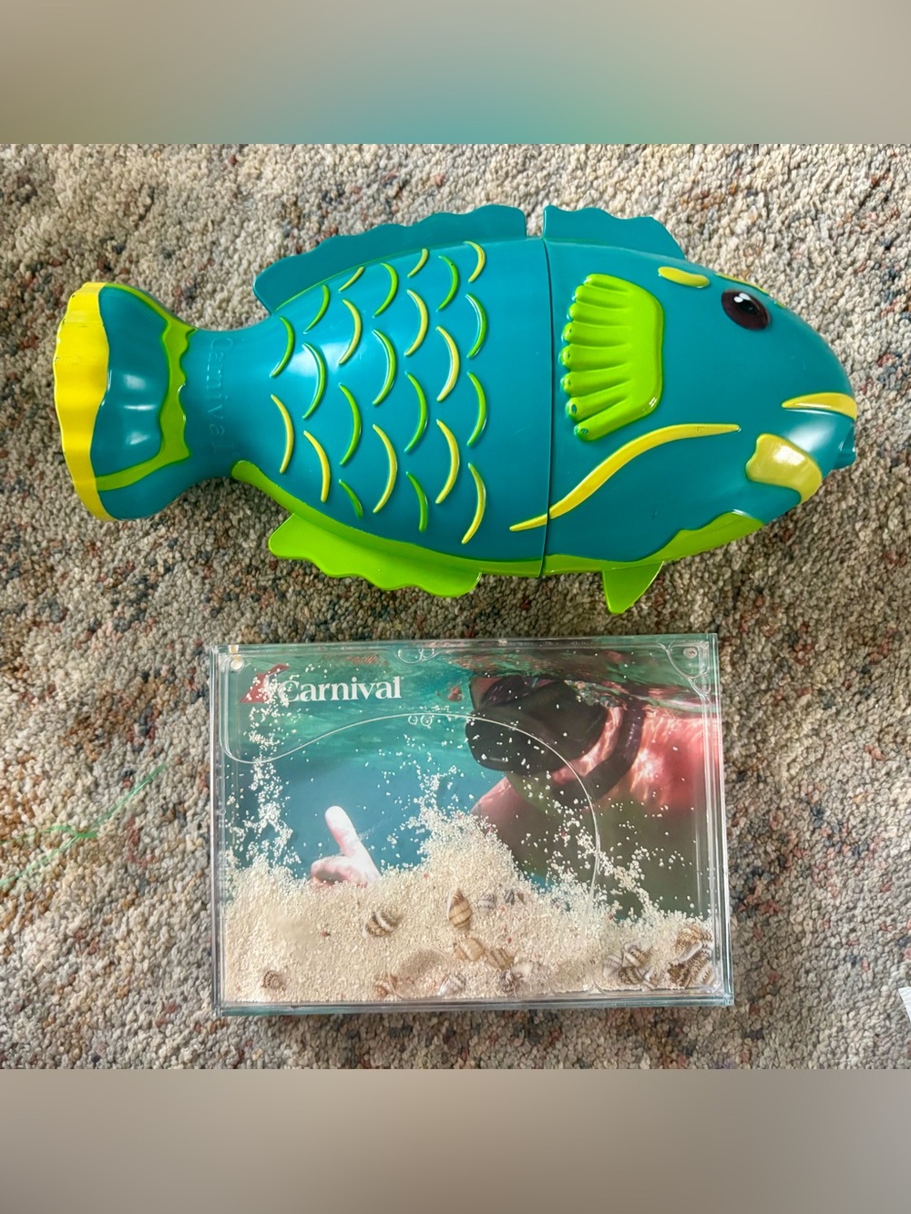 Carnival Cruise souvenirs teal fish cup & water seashell filled acrylic frame